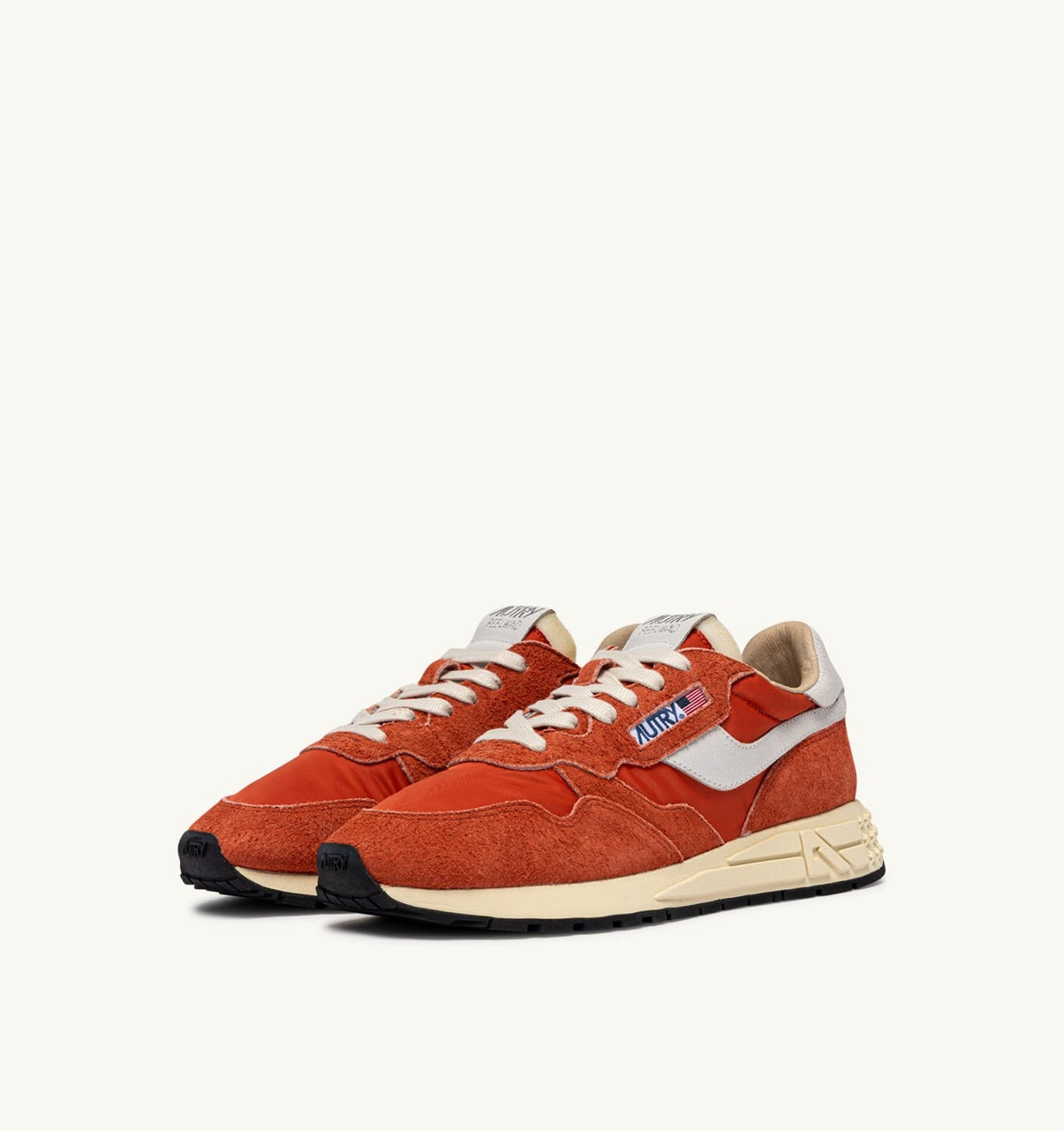 AUTRY Man REELWIND LOW SNEAKERS IN WHITE AND ORANGE RUST NYLON AND SUEDE